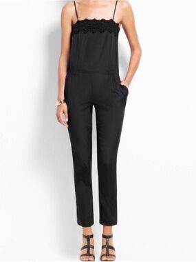 Ann Taylor Black Jumpsuit Crochet Lace Neckline Spaghetti Straps Tapered Leg 6